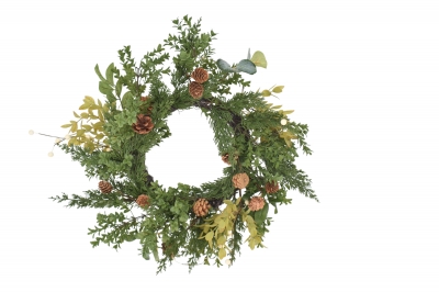 χρ. στεφανι rattan 50cm pe/πρασινα φυλλα/pinecones green