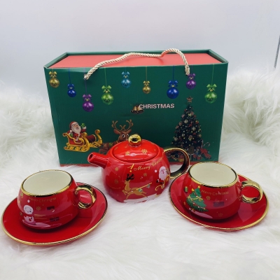 set τσαγιερα με 2 κουπες/πιατακια gold edge red