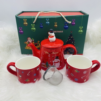 set τσαγιερα με 2 κουπες snowman red