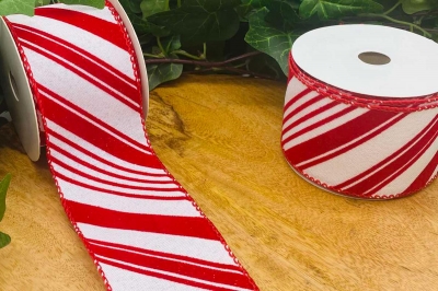 κορδελα χρ. βελουδινες ριγες  6.4*10 yards white/red