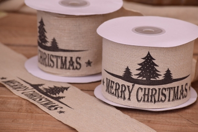 κορδελα merry christmas κρεμ βαση μαυρα γραμματα με ελατα 6cm*10